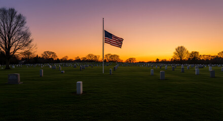 Twilight Reverie: The setting sun casts a warm, somber light over rows of tombstones and a flag, creating a poignant scene of remembrance.