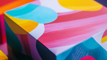 A close-up of a custom branded package, with a company logo and vibrant colors printed on the box