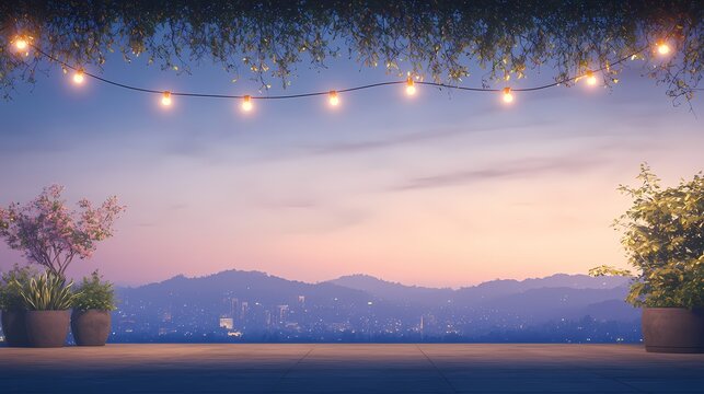 Romantic Rooftop Sunset, Evening city view with string lights and plants