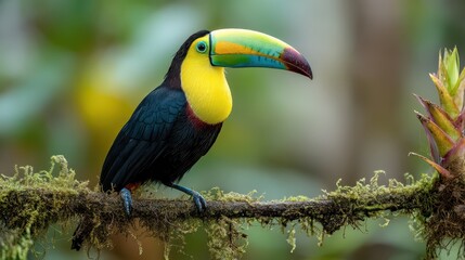 Obraz premium A vibrant toucan with a striking yellow, green, and black plumage rests on a moss-covered branch surrounded by dense foliage. The bird enjoys the warm midday sun, creating a serene atmosphere