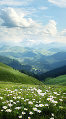 Mountain meadow wildflowers with scenic view.