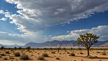 Paysage d&eacute;sertique aride aux arbres &eacute;pineux et montagnes &agrave; l'horizon.