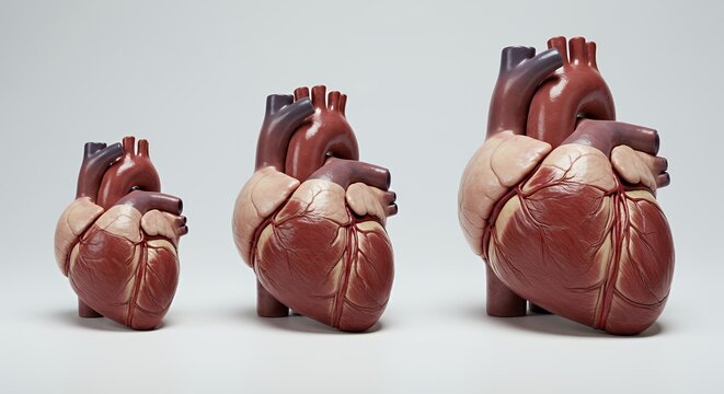 Anatomical Heart Models in Ascending Sizes on White Background Perfect for Education