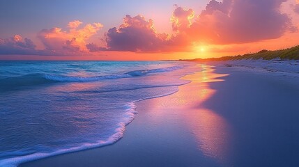 Fototapeta premium Serene Sunset Beachscape: A Breathtaking Coastal Panorama at Golden Hour