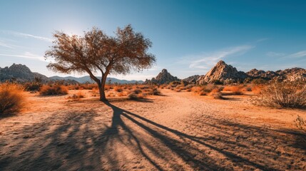 Obraz premium A vast desert landscape showcases a solitary tree with extended shadows. The warm glow of sunset illuminates the rocky terrain and scattered vegetation, highlighting nature's beauty