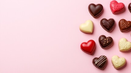 Fototapeta premium Assorted Heart Shaped Chocolates on Pink Background for Valentine's Day Celebration