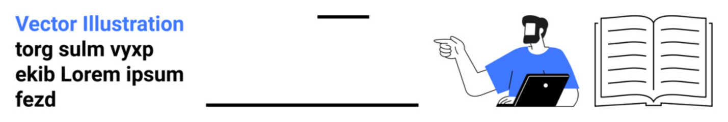 Man working on laptop gestures toward open book, suggesting learning, research, or teaching. Ideal for education, online courses, e-learning, tutoring, training reading flat landing page banner