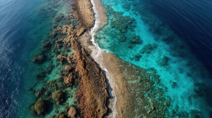 Obraz premium A once-thriving coral reef is visible from above, highlighting its degraded state. The colors of the coral are muted, reflecting the impact of environmental stressors and loss of biodiversity