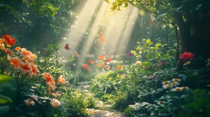 Magical sun beams in fairy-tale coniferous forest landscape nature