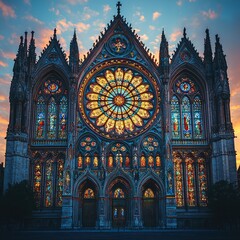 Fototapeta premium Majestic cathedral facade at sunset, featuring vibrant stained glass windows and intricate architectural details