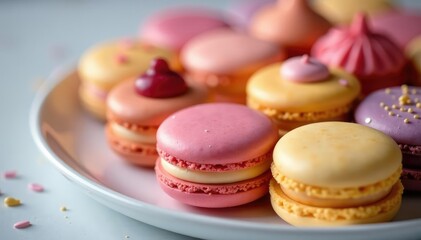 Fototapeta premium Elegant pastry display, macarons, cream puffs, cream puffs, white, whipped cream
