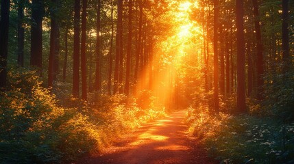 Obraz premium Golden Sunlight Path Through Woods