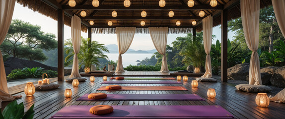 Serene yoga retreat with mats lanterns curtains overlooking stunning landscape scenery