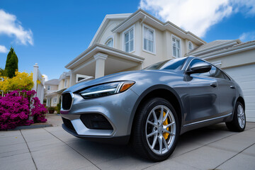 Modern new fictional SUV car parked in the driveway of a private house in summer suburb