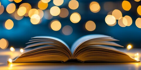 An open book illuminated by soft bokeh lights creating a warm and inviting atmosphere indoors