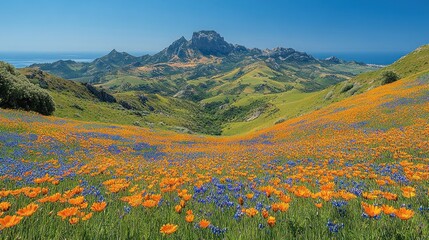 Fototapeta premium Serene Mountain Meadow: A Panorama of Orange and Blue Wildflowers