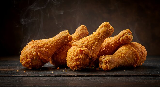 Crispy Golden Brown Fried Chicken Drumsticks with Rising Steam on Dark Wooden Table in Macro Detail