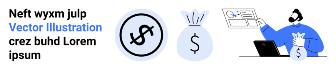 Obraz premium Dollar symbol, money bags, person working on laptop managing finances. Ideal for banking, investments, savings, budgeting, financial planning, payment systems simple landing page