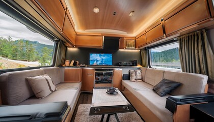 a motorhome living room with a built in sound system and a large flat screen tv