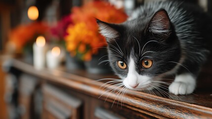 Calm black and white cat relaxing, serene indoor setting with autumn d&eacute;cor, cozy ambiance perfect for text overlay.