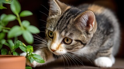 Fototapeta premium A curious cat with striking markings is pawing at a small potted plant in a cozy living room. The playful feline is caught in the act of toppling the greenery while exploring