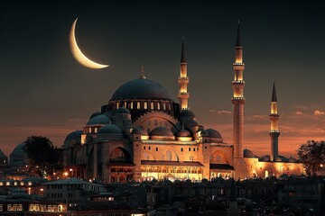 Fototapeta premium Islamic vertical image. The crescent moon at Suleymaniye Mosque. Laylat al-Qadr, Ramadan, or the vertical image of the Kadir Gecesi idea. Generative Ai