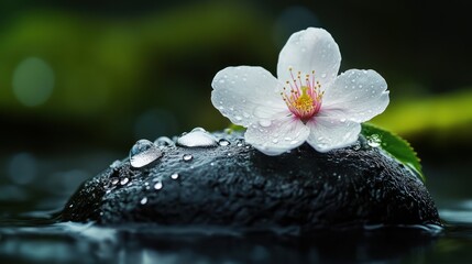 Dewy cherry blossom on stone, tranquil pond, serene nature, spa
