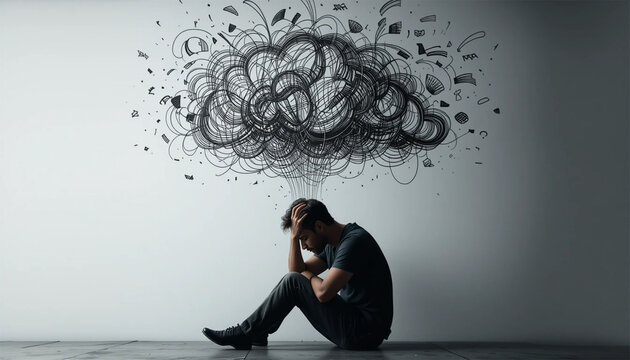 Conceptual image of a person sitting with head down, surrounded by chaotic scribbles or storm cloud graphics above their head, symbolizing anxiety or overthinking