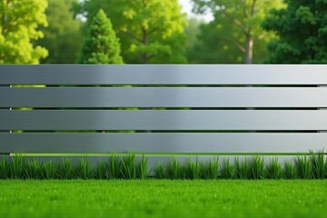 Modern gray slatted fence with lush green grass in front and blurred background of trees