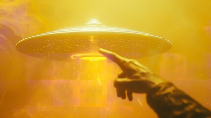 Male hand pointing at ufo against yellow background. Science of cosmos. Contemporary art collage.
