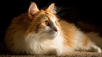A domestic cat rests peacefully, basking in softbox lighting that highlights its fur. The warm light creates a serene atmosphere in the room where this moment unfolds
