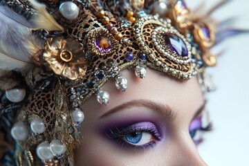 Close-up of ornate headdress with pearls, feathers and blue eyes