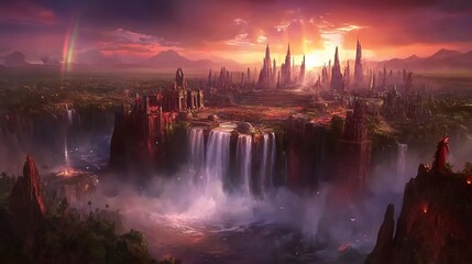 Sunset over the Majestic Waterfall City