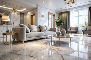 Luxurious Grey & Beige Living Room with White Marble Floor - Interior Design Stock Photo