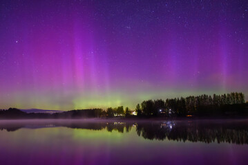 Aurora Borealis lights up the night sky in vivid purple and green hues above a calm lake with stars and trees reflected in the water.