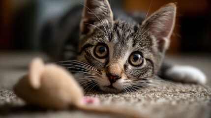 A curious kitten lies on a soft carpet, eyes wide with excitement as it plays with a small toy mouse. The room is warm and inviting, enhancing the playful atmosphere of this moment