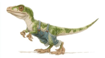 Fototapeta premium Green Dinosaur in Overalls Standing on White Background
