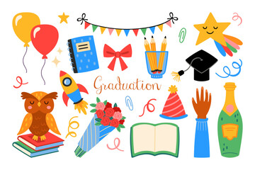 Graduation cute elements set. Childish print for cards, posters, party invitations and stickers
