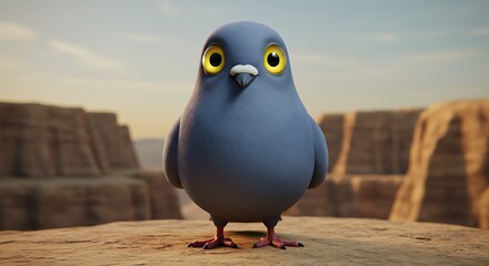 Cartoonish pigeon with expressive eyes standing in a desert environment rendering