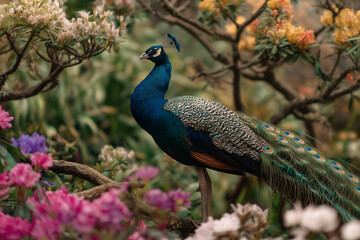 Obraz premium Majestic Peacock Amidst Vibrant Spring Blooms