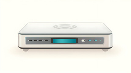 Fototapeta premium Modern, rectangular, white multimedia device with a turquoise display and various ports. Features a circular base and sleek design