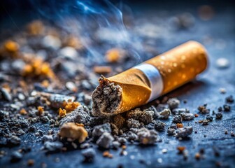 Macro Close-up of Crushed Cigarette Butt, Ashes, and a Single, Unlit Cigarette - Symbolic of Breaking the Smoking Habit