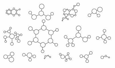 Collection of minimalist molecule structure icons in line art style. Great for science, chemistry, biotech, education, and medical infographic design.