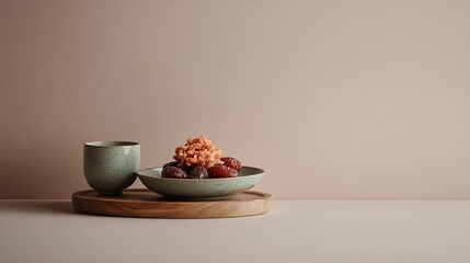 Traditional Dates and Snack for Ramadan Break Fast on Simple Plate and Cup