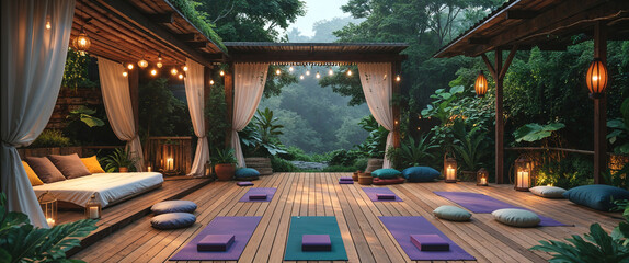 Serene yoga studio outdoor space surrounded by lush greenery and decorative lighting