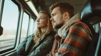 A stylish and adaptable stock visual winter travel romance: two cozily bundled couple sharing a beautiful moment on a cold bus ride, staring out at wintery landscapes through a frosty bus window.
