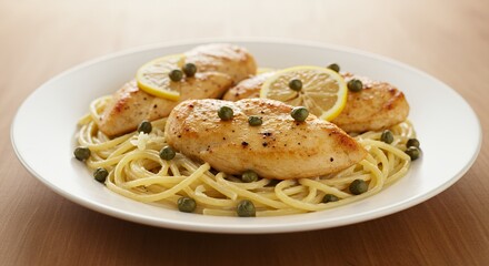 Fototapeta premium Golden Brown Chicken Piccata with Lemon and Capers Served Over Spaghetti on White Plate Placed on Warm Wooden Table