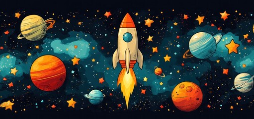 Naklejka premium Cosmic Rocket Adventure: A Whimsical Journey Through the Stars