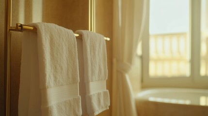 Luxurious bathroom towels, sunlit window, tub