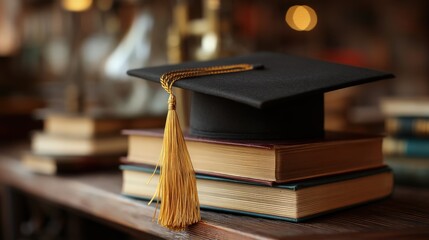 A graduation cap with a gold tassel rests on a stack of books, symbolizing achievement and academic success.